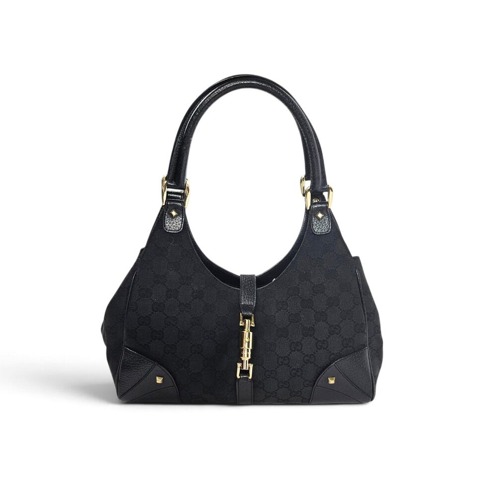Vintage Gucci Jackie Canvas Monogram Bag Leather Trim Black Large